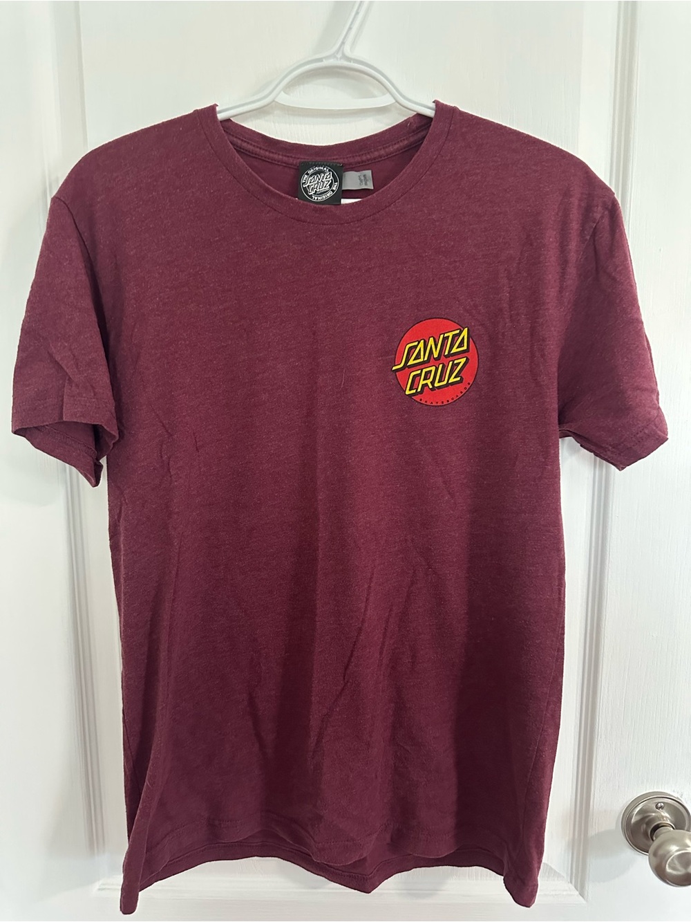 Santa Cruz Skateboards Maroon Tee with Yellow-Red Logo